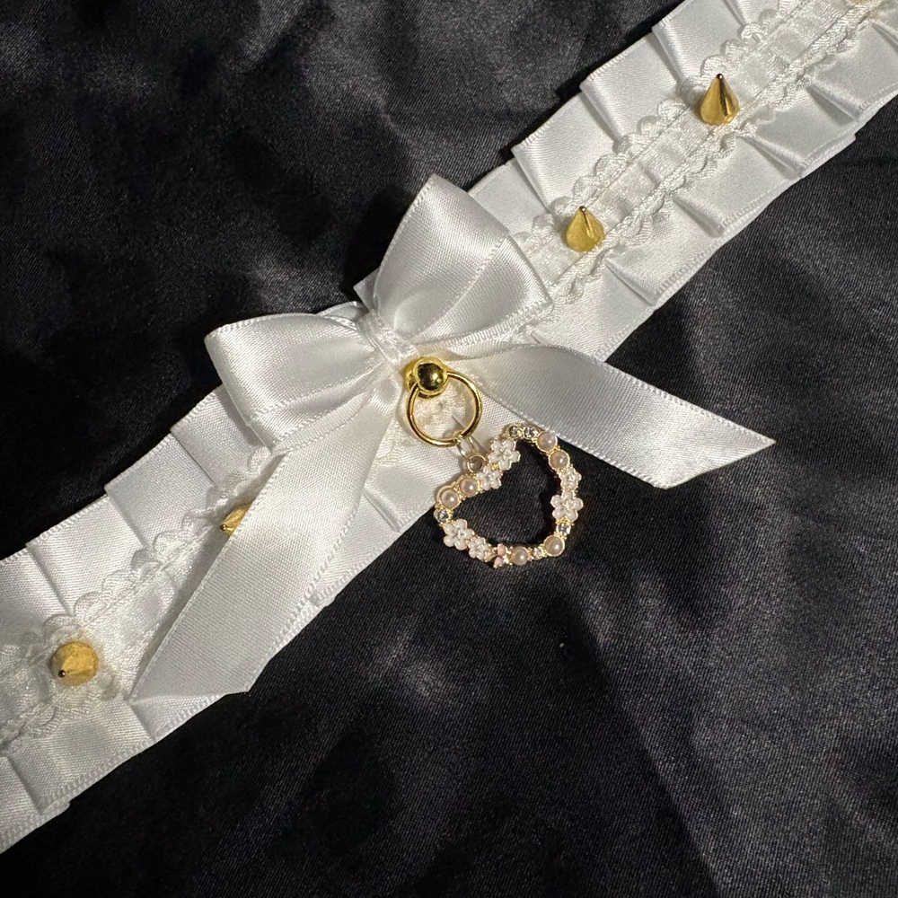 White Satin Ribbon Necklace with Gold Crystal Heart Charm